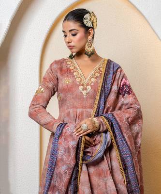 Chocolate brown chanderi floral printed anarkali set 5