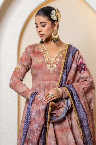 Chocolate brown chanderi floral printed anarkali set