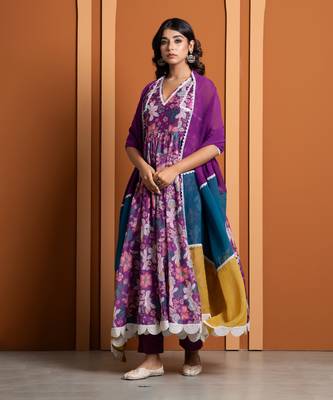 Purple chanderi printed anarkali set 1