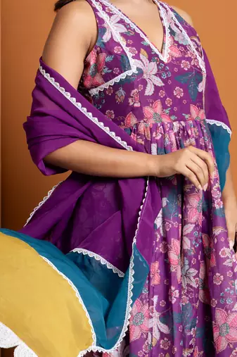 Purple chanderi printed anarkali set