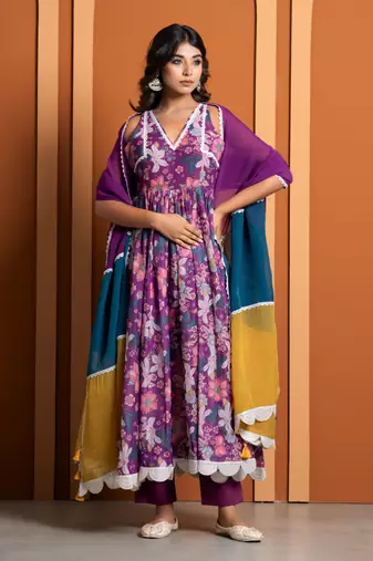 Purple chanderi printed anarkali set
