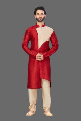 Mens patch work done in front open kurta solid stitched  kurta-pajama 1