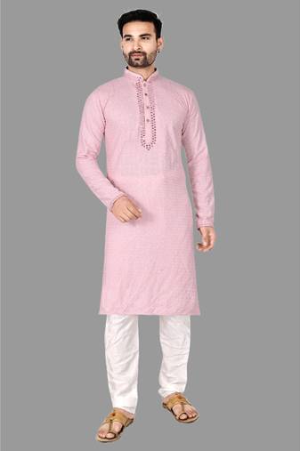 Mens mirror embroidery work in front and sleeve and collar kurta-pajama