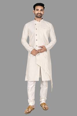Mens assymetrical stitched pattern front open kurta with bone piping kurta-pajama 1