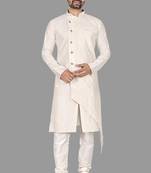 Mens assymetrical stitched pattern front open kurta with bone piping kurta-pajama