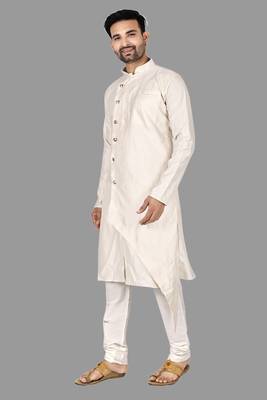 Mens assymetrical stitched pattern front open kurta with bone piping kurta-pajama 4