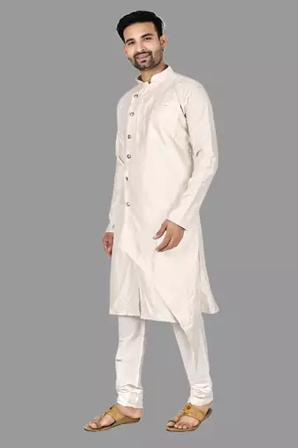 Mens assymetrical stitched pattern front open kurta with bone piping kurta-pajama