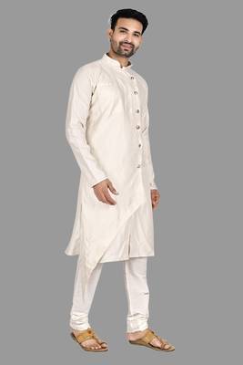 Mens assymetrical stitched pattern front open kurta with bone piping kurta-pajama 5
