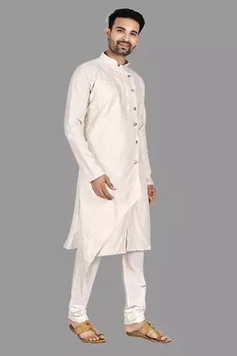 Mens assymetrical stitched pattern front open kurta with bone piping kurta-pajama