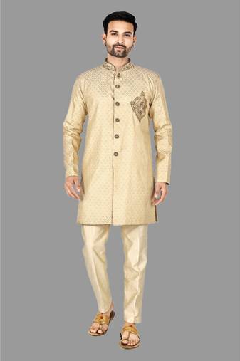 Mens hand work done in front button & collar semi indo    indo-western-dresses