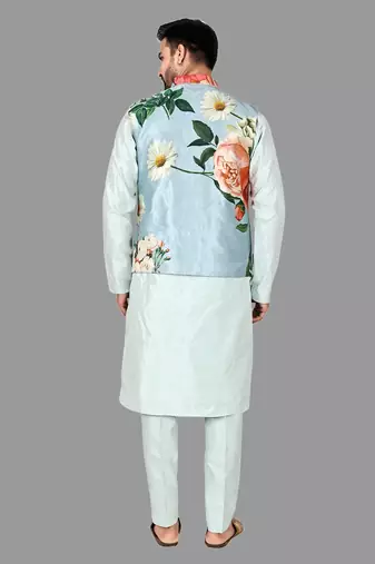 Mens solid stitched kurta with churidar kurta-jacket-set