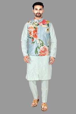 Mens solid stitched kurta with churidar kurta-jacket-set 1