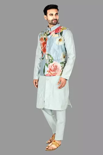 Mens solid stitched kurta with churidar kurta-jacket-set
