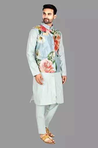 Mens solid stitched kurta with churidar kurta-jacket-set