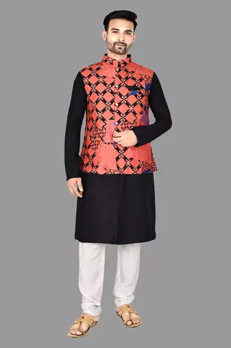 Mens solid stitched kurta with churidar kurta-jacket-set
