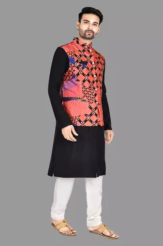 Mens solid stitched kurta with churidar kurta-jacket-set
