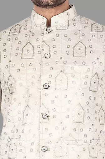 Mens solid stitched kurta with churidar kurta-jacket-set