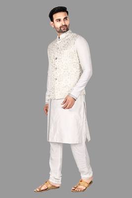 Mens solid stitched kurta with churidar kurta-jacket-set 1