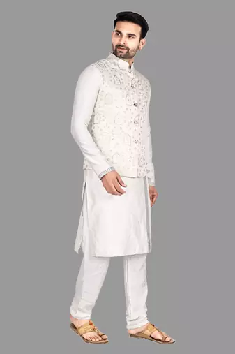 Mens solid stitched kurta with churidar kurta-jacket-set