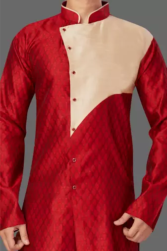 Mens patch work done in front open kurta solid stitched  kurta-pajama