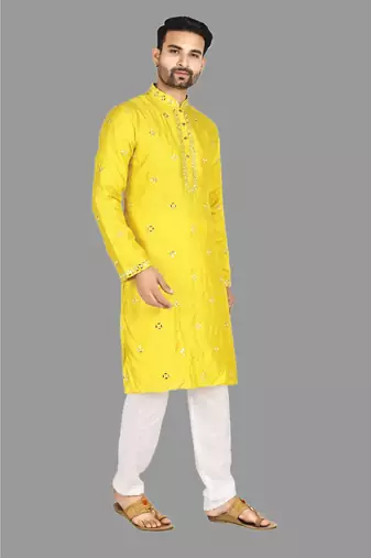 Mens embroidery mirror work done in front all over kurta-pajama
