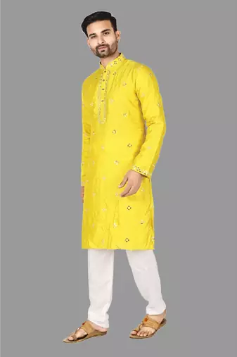 Mens embroidery mirror work done in front all over kurta-pajama