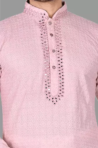 Mens mirror embroidery work in front and sleeve and collar kurta-pajama