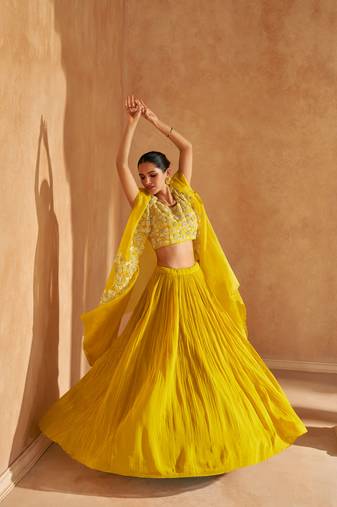 Yellow embroidery and beads chinon silk blouse lehnga with jacket- full stitched