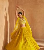 Yellow embroidery and beads chinon silk blouse lehnga with jacket- full stitched
