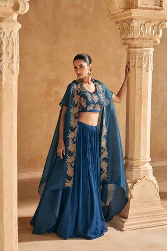 Blue embroidery and beads chinon silk blouse lehnga with jacket- full stitched