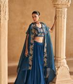 Blue embroidery and beads chinon silk blouse lehnga with jacket- full stitched