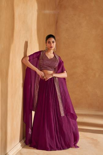 Purple embroidery and beads chinon silk blouse lehnga with jacket- full stitched
