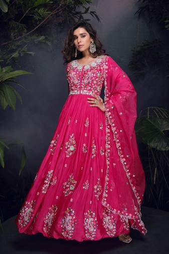 Pink thread embroidery sequins chinon silk gown- full stitched