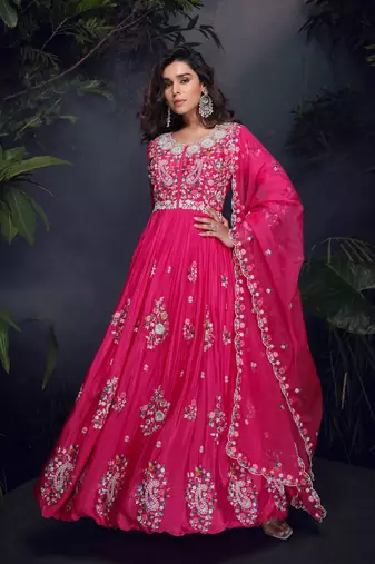 Pink thread embroidery sequins chinon silk gown- full stitched