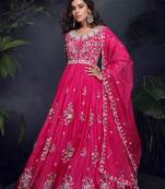 Pink thread embroidery sequins chinon silk gown- full stitched