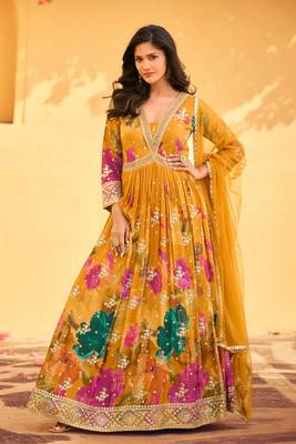 Mustard embroidery sequins and digital print chinon silk gown- full stitched 1
