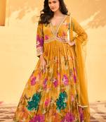 Mustard embroidery sequins and digital print chinon silk gown- full stitched