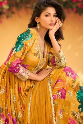Mustard embroidery sequins and digital print chinon silk gown- full stitched 2