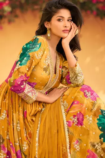 Mustard embroidery sequins and digital print chinon silk gown- full stitched