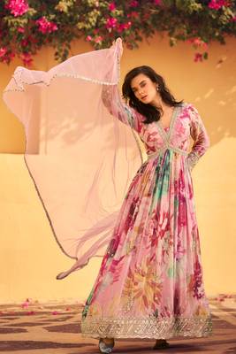 Pink embroidery sequins and digital print chinon silk gown- full stitched 1