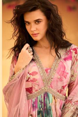 Pink embroidery sequins and digital print chinon silk gown- full stitched 2
