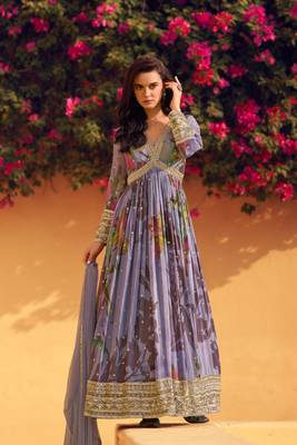 Lilac embroidery sequins and digital print chinon silk gown- full stitched 1