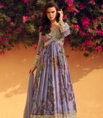 Lilac embroidery sequins and digital print chinon silk gown- full stitched