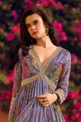 Lilac embroidery sequins and digital print chinon silk gown- full stitched 2