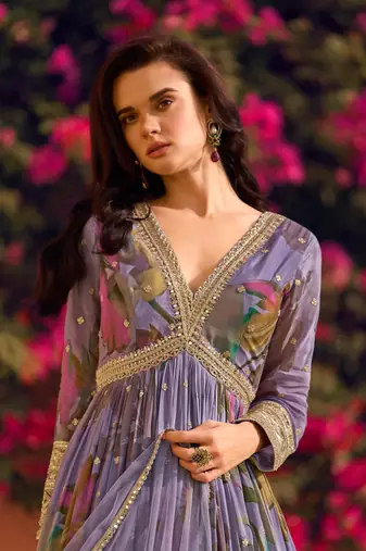 Lilac embroidery sequins and digital print chinon silk gown- full stitched