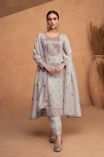 Grey embroidered art silk semi-stitched straight pant suits