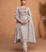 Grey embroidered art silk semi-stitched straight pant suits