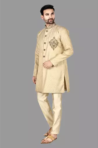 Mens hand work done in front button & collar semi indo    indo-western-dresses
