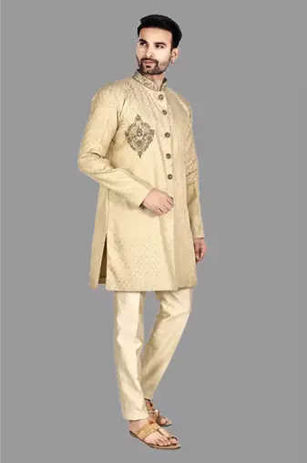 Mens hand work done in front button & collar semi indo    indo-western-dresses