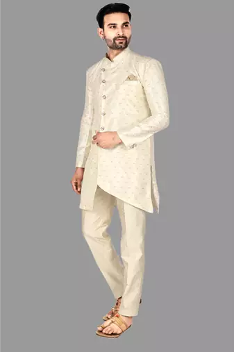 Mens pattern stitched semi indo solid stitched with churidar  indo-western-dresses